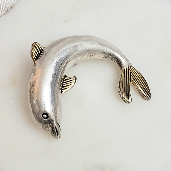 Silver Dolphin Pendant with Gold Fins and Flipper - Picture 3 of 9